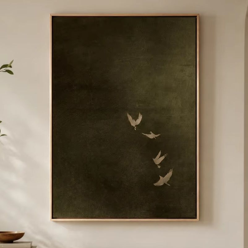 Home Decor Green - Olijfgroene vogel canvas kunst, donkere sfeervolle