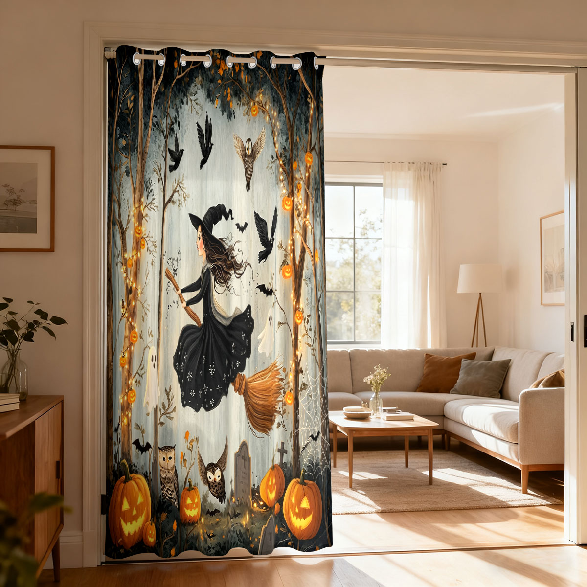 Home Decor Curtain - 1PC Halloween Heks Pompoen Ghost Forest